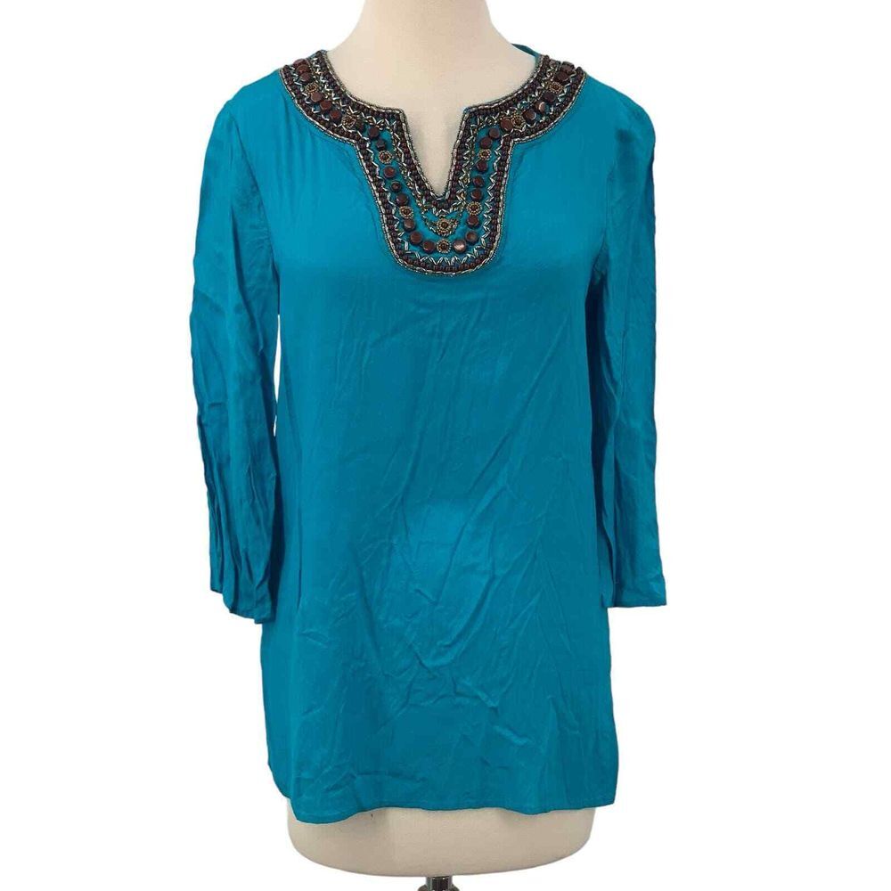 Chico's 3/4 Sleeve Pullover Top/Tunic Split V-Neck Turquoise Beaded Size 0/Small